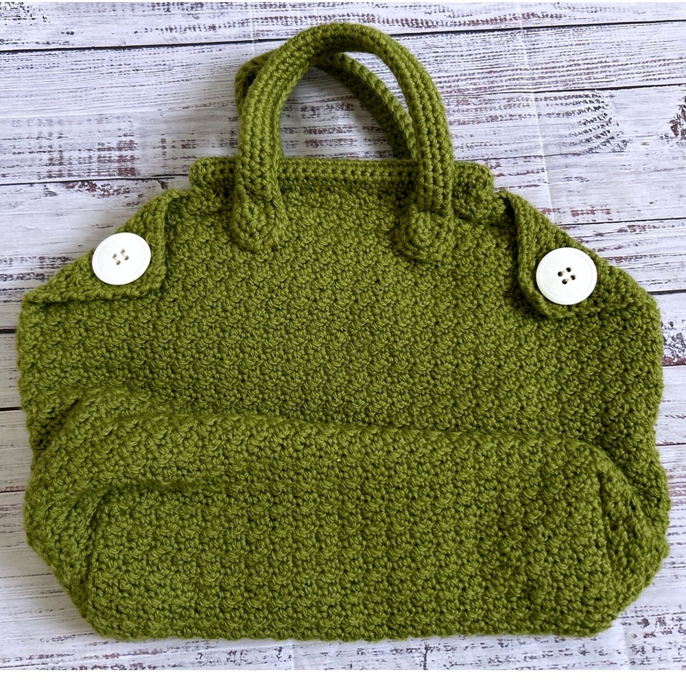 Crochet Tote Bag Handmade Green Floral Lining Boho‎ Cottage Button Accents Large